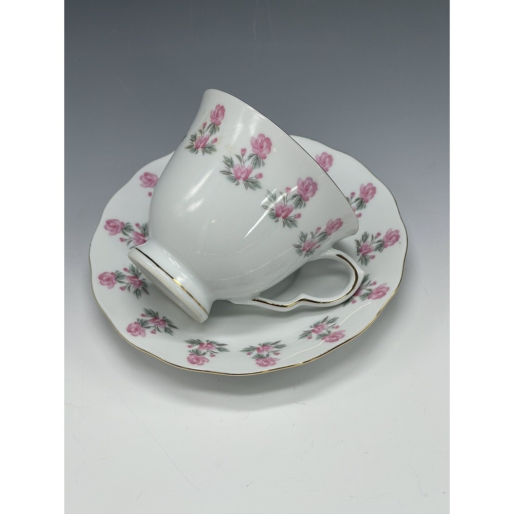 Floral Fine Porcelian China Coffee Teacup Cup and Saucer Pink Ivory A50